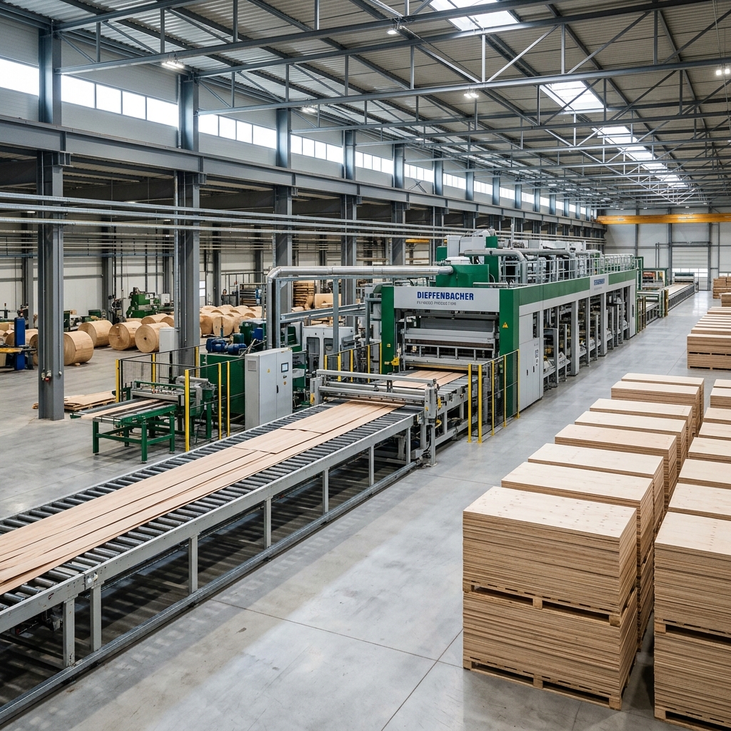 Modern Dieffenbacher plywood manufacturing facility with advanced machinery